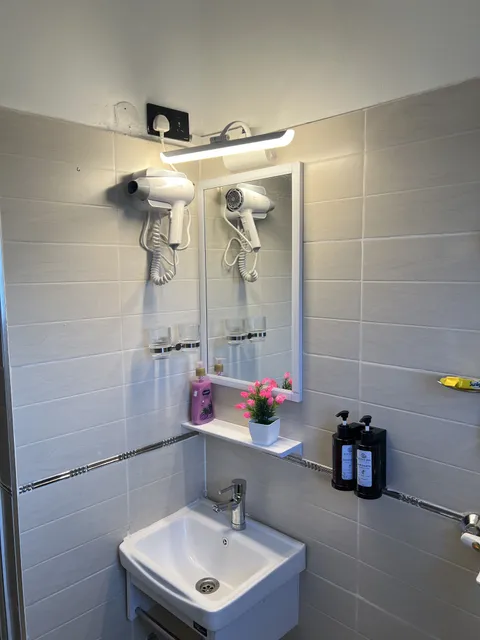 Bathroom basin and mirror with a wall-mounted hair dryer, mirror light and toiletries against tiled walls.