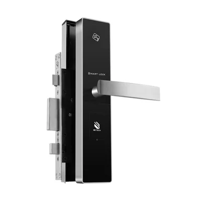 Angled view of the owner-specified BE-TECH lock, with a black front panel, silver handle and mortise assembly.