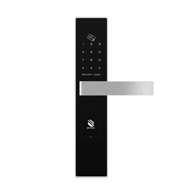 Front view of the BE-TECH lock showing the touchscreen number keypad and silver horizontal handle.